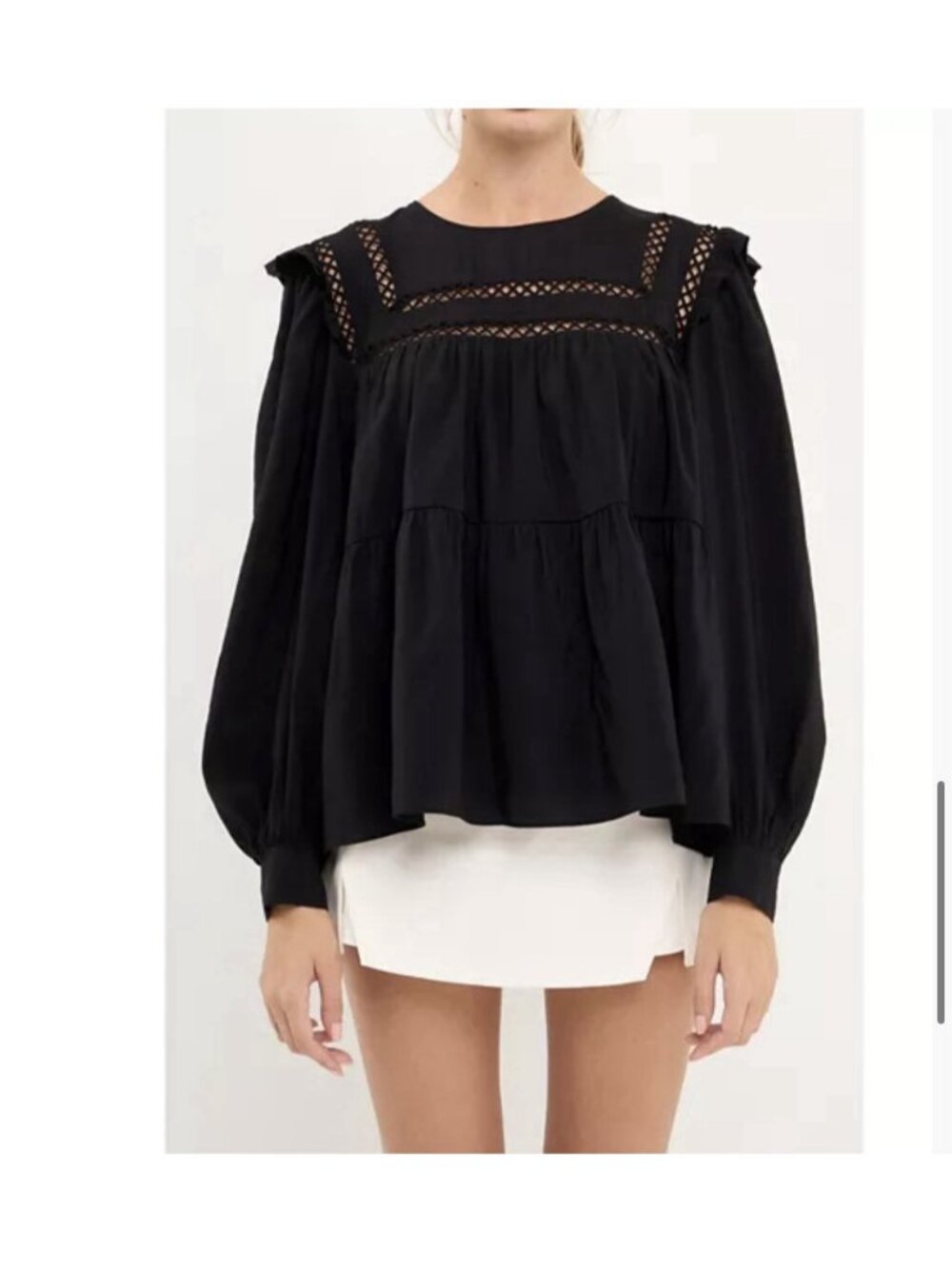 ENGLISH FACTORY Black Ruffle Lace Insert Top Cutout Blouse Size M